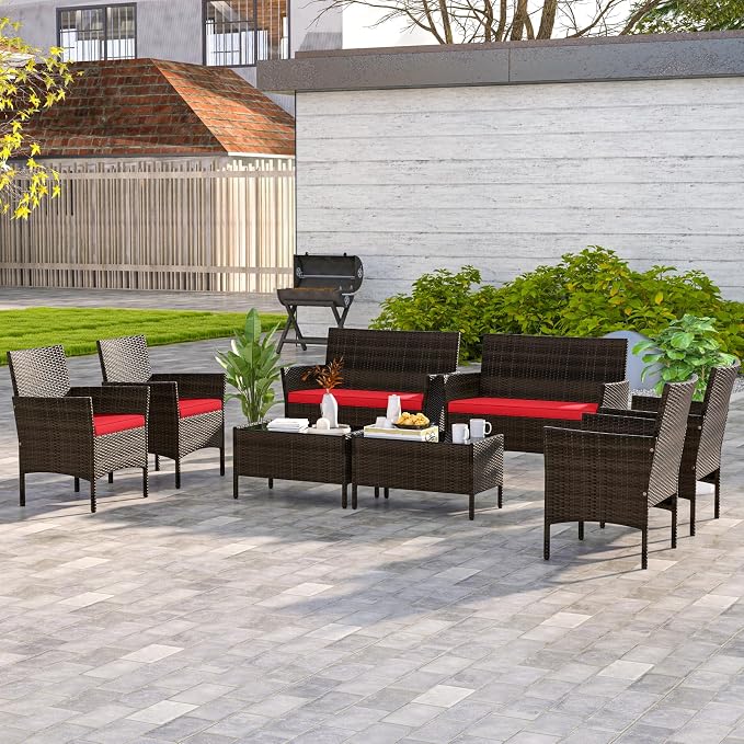 RELAX4LIFE 8-Piece Patio Furniture Set - Rattan Outdoor Conversation Bistro Set w/Cushions, Glass Coffee Table, Wicker Chairs & Loveseat for Garden Backyard Porch, Balcony Furniture Set (2, Red)