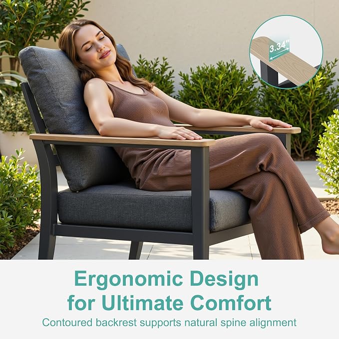 Aluminum Outdoor Patio Furniture Set with Swivel Rocking Chairs 5-Piece, Patio Sectional Sofa Patio Conversation Set with 55,000 BTU Fire Pit Table High Backrest & Thickened Cushions, Dark Grey
