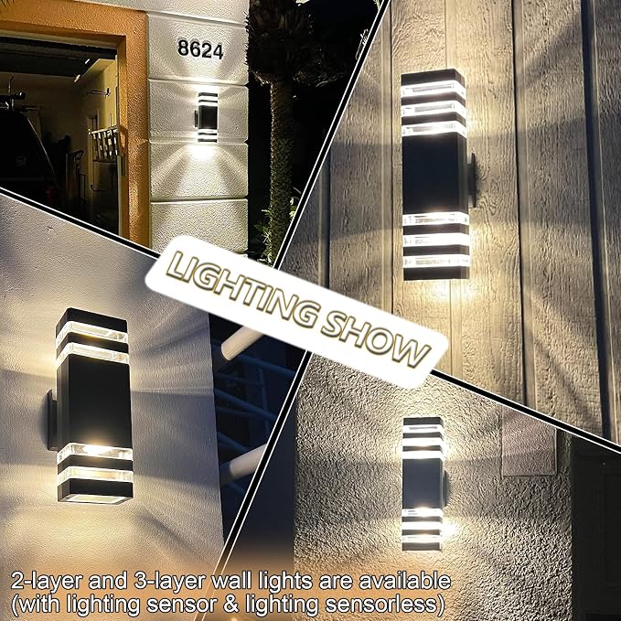 4 Pack Outdoor Wall Lights, Modern Exterior Light Fixture Wall Mount Black Outdoor Lights for House Waterproof Aluminum Up and Down Porch Lights Outdoor Wall for Porch Patio Garage, 2-Layer