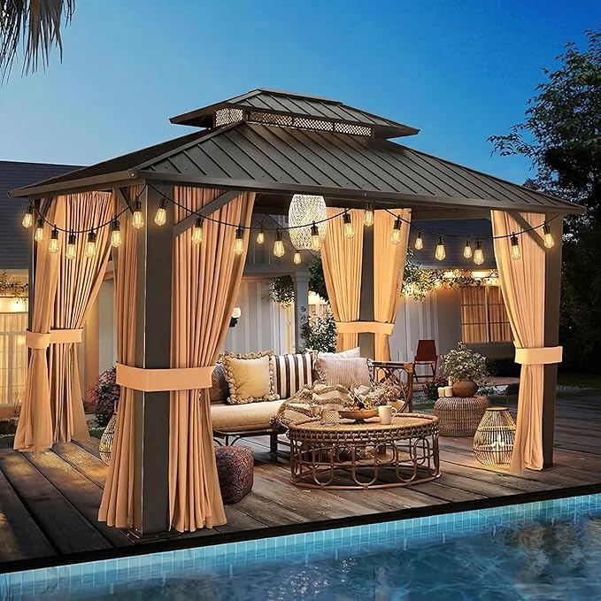 10'x12' Hardtop Gazebo with String Lights-50ft, Galvanized Steel Double Roof Canopy with Aluminum Frame, Outdoor Pavilion with Nettings and Curtains