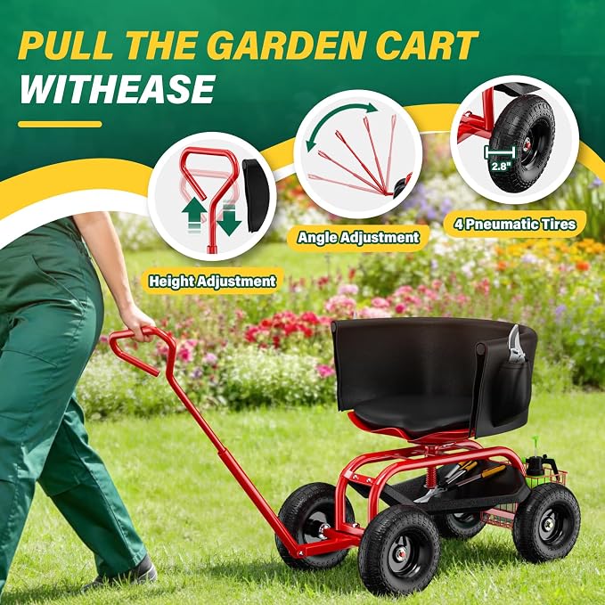 Baotree Garden Seat with Wheels, Rolling Garden Stool with Adjustable 360°Swivel Seat, Storage Basket & Extendable Handle, Outdoor Gardening Scooter, Garden Cart Workseat Stools for Seniors