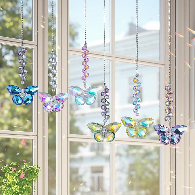 6pcs Crystal Butterfly Suncatchers Hanging Ornaments, Rainbow Maker Sun Catchers Indoor Window Outdoor Patio Garden Decor Gifts