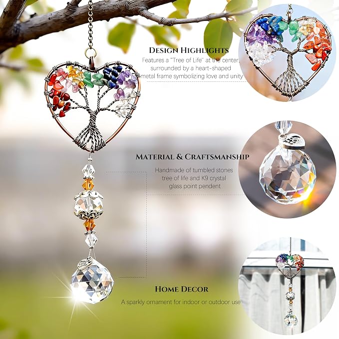 Tree of Life Heart Crystal Ball Prism Suncatcher Pendant Decor | Tree of Life Heart Shaped Crystal Ball Prism Pendant Suncatcher Window Hanging Ornament for Home Garden Office Wedding Decor
