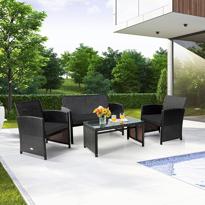 Tangkula 4 Pieces Rattan Furniture Set, Outdoor Conversation Set w/Chair & Loveseat & Tempered Glass Coffee Table, Suitable for Garden, Backyard, Poolside, Patio Furniture Set for 4 (1, Black)