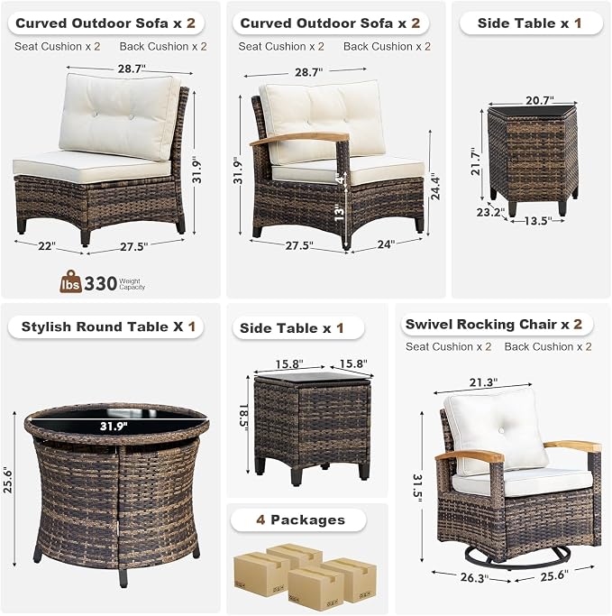 MEISSALIVVE 9-Piece Half-Moon Curved Outdoor Patio Furniture Set, Sectional Conversation Sofa with 2 Swivel Glider Chairs, Round Coffee Table for Backyard Deck Garden, Beige