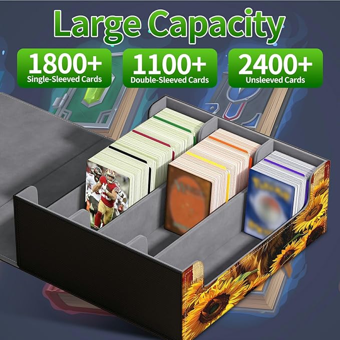 Large Card Deck Box for MTG, Fits 1200+ Sleeved Cards, PU Leather Storage Case with Strong Magnetic Closure, Multiple Colors for TCG CCG Baseball Card Collections, Yellow Cow Sunflower