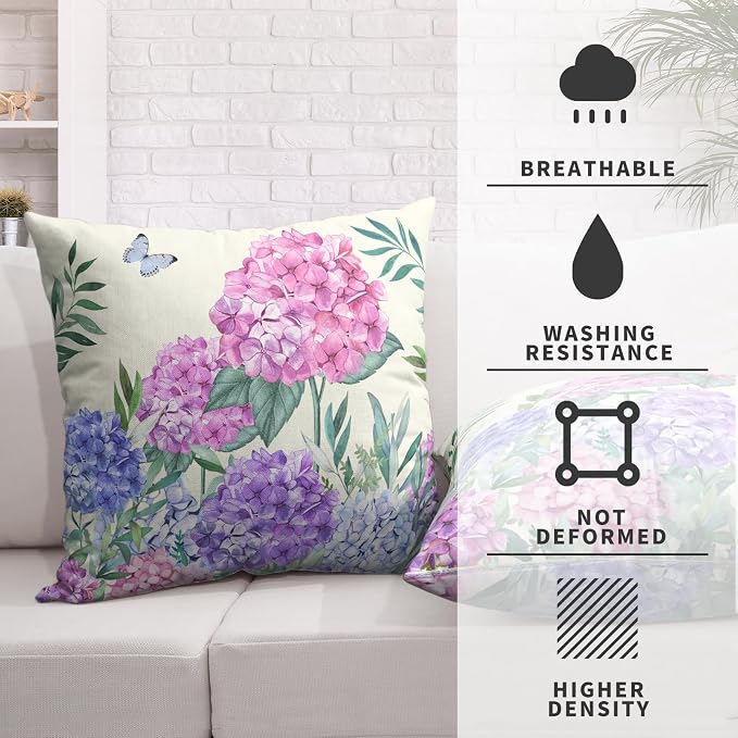 Pink Hydrangea Pillow Covers Spring Flowers Outdoor Pillow Covers 16x16 Set of 2 Purple Pink Hydrangea Eucalyptus Pillow Case Cotton Linen Cushion Case for Sofa Garden Patio