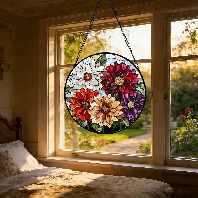 Stained Glass Window Hanging, Colorful Flowers Sun Catcher for Window Door Home Decor Plant Suncatcher Christmas Mother's Day Birthday Gifts for Women Men Mom and Nana 9.8 in