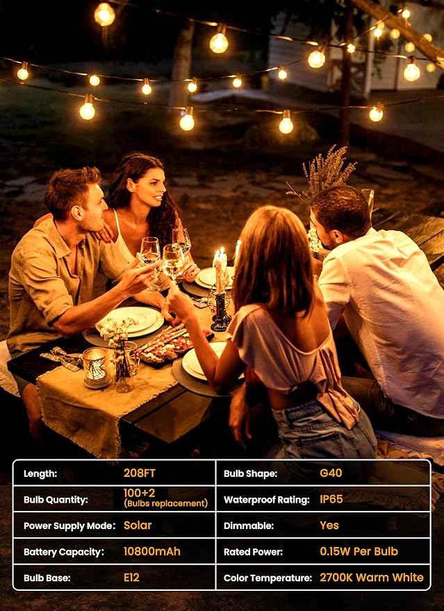 Brightown 208FT 102LED Solar String Lights Outdoor with Remote & USB Port | Shatterproof Bulbs, Dimmable & Timable, 3 Modes, Solar Patio Lights with a Mount Clip for Camping Backyard Garden Decor