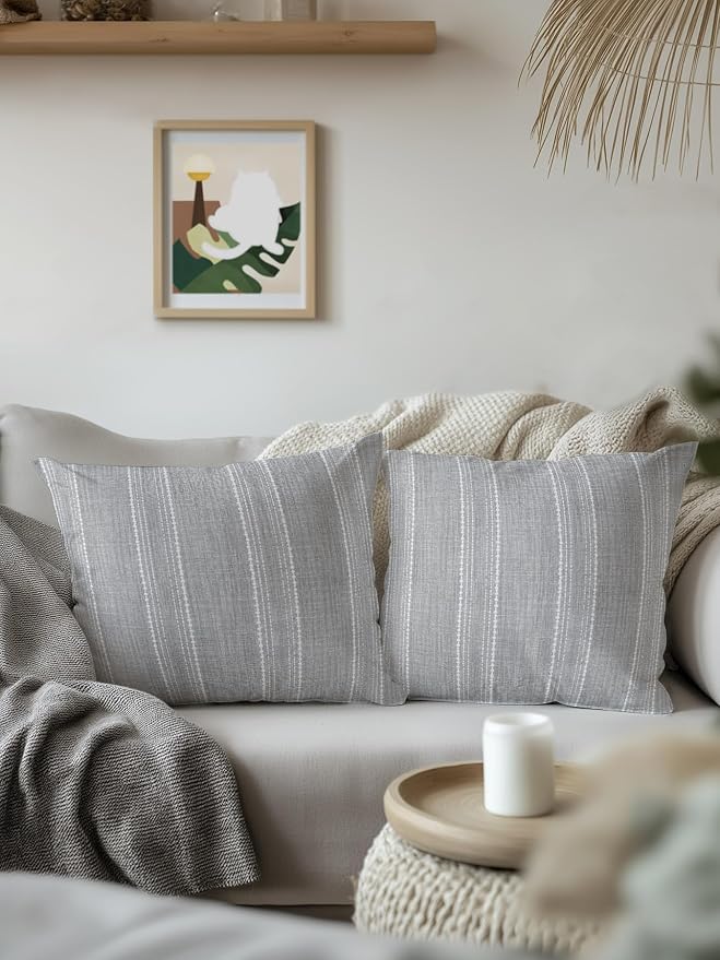 Waterproof Outdoor Pillow Set of 2 Gray Linen Stripes Decorative Throw Pillows Cover & Insert 16x16 Inch Pillowcase Parallel Vertical Lines Pillows for Couch Sofa Bed Patio Furniture Indoor Outdoor