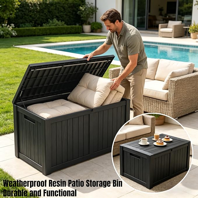 MAKINO 178 Gallon Large Resin Outdoor Storage Box, Waterproof Deck Box, Lockable Deck Container with Reinforced Support, Outdoor Chest for Patio Accessories, Outdoor Cushions, Garden Tools, Black