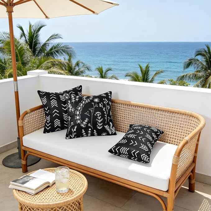 Black Floral Outdoor Pillow Covers 18x18 Inch Set of 2 | Waterproof Throw Pillow Cover, Summer Decorative Outdoor Cushion Cases for Patio Garden Beach Tent Balcony Couch Sofa