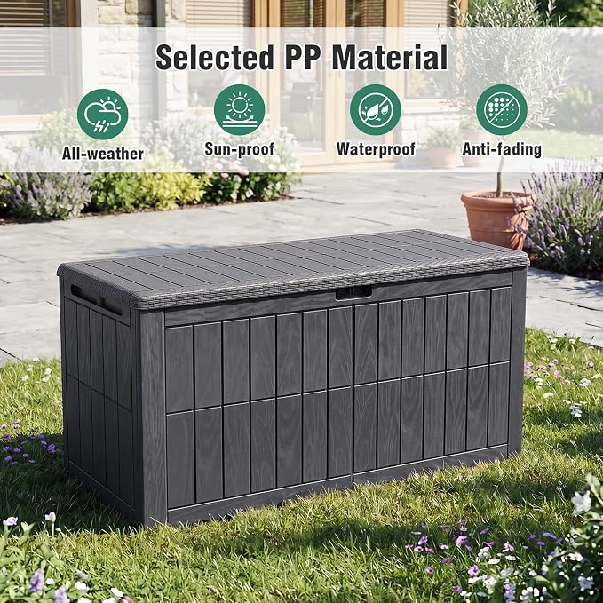 Tangkula 100 Gallon Outdoor Storage Box, Waterproof PP Resin Patio Storage Box with Lockable Lid for Indoor & Outdoor Use, 2-in-1 Rattan Design Deck Box for Cushions, Garden Tools