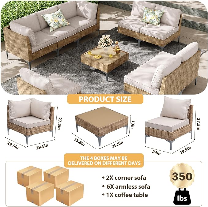 9 Piece Patio Furniture Set, Wicker Modular Outdoor Furniture with Thicker Cushions, Outdoor Couch Sofa for Garden, Poolside, Backyard, Beige