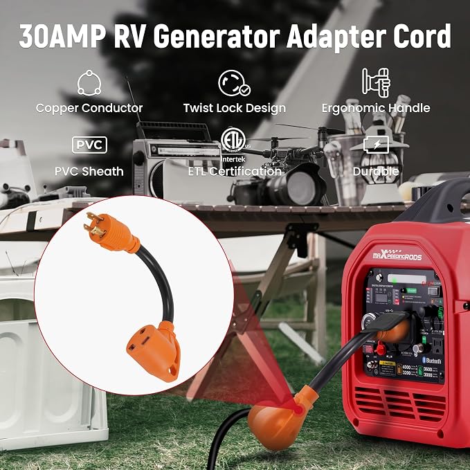 maXpeedingrods 4000 Watt Dual Fuel Inverter Generator with Bluetooth® Control Start with RV Adapter Cord 3 Prong 125V 30 Amp to 30 Amp, NEMA L5-30P to TT-30R