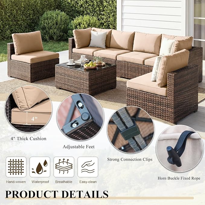 9 Piece Patio Furniture Set All Weather PE Rattan Outdoor Sectional Sofa Couch with No-Slip Cushions and Glass Top Table for Garden, Poolside, Backyard (Beige)