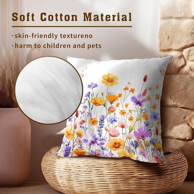 Colorful Wildflowers Pillow Covers 18x18 Inch, Set of 2 Yellow Purple Watercolor Floral Botanical Square Soft Cotton Pillowcases for Couch Bed Sofa Porch Patio Outdoor Home Decor
