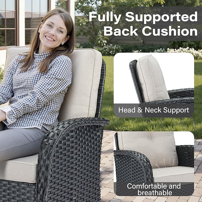 Belord 5 Piece Swivel Rocker Glider Outdoor Chairs Set of 2 with Ottoman and Glass Side Table Patio Bistro Furniture Set, Comfort High Back Wicker Patio Conversation Set for Deck Porch Sunroom