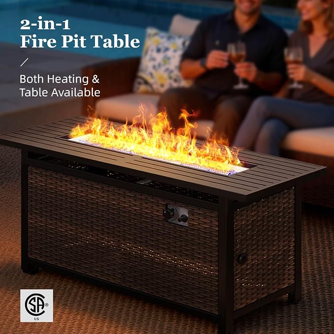 HERA'S HOUSE Swivel Glider Patio Furniture Set with Fire Pit, Outdoor Wicker Conversation Sets, 8 Pieces Deep Seat Rattan Sofa Sets with Cushions for Deck Backyard Lawn, Beige/Brown