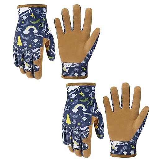 HANDLANDY 2 Pairs Kids Leather Gardening Gloves, Kid Work Gloves, Blue, S | Durable Soft Breathable Yard Work Cycling Outdoor Playing Glove for Age 2-9, for Children, Boys, Girls, Toddlers, Great Gift