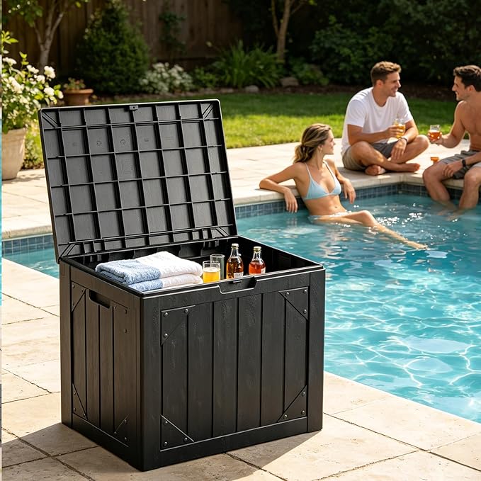 31 Gallon Outdoor Deck Box 4 Pack, Waterproof Resin Patio Storage Boxes with Lockable Lid, Small Outdoor Storage for Cushions, Accessories, Garden Tools, Indoor Outdoor Organizer, Black