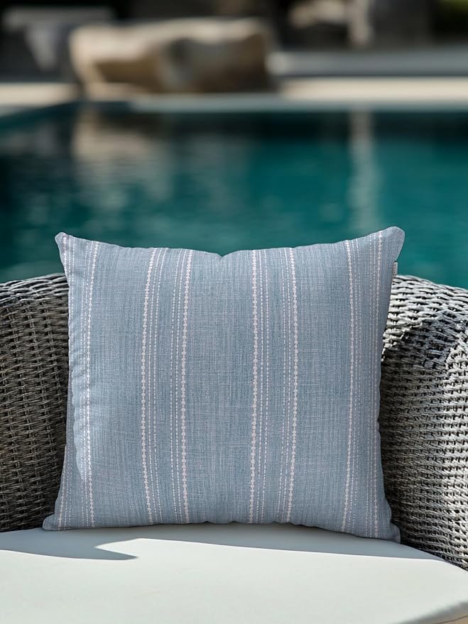 Waterproof Outdoor Pillow 1 Pack Haze Blue Linen Stripes Decorative Throw Pillows Cover & Insert 16x16 Inch Pillowcase Parallel Vertical Lines Pillows for Couch Sofa Bed Patio Furniture Indoor Outdoor