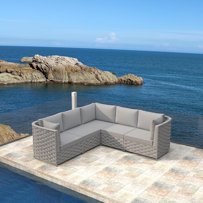 TWT 5-Piece Modular Outdoor Sectional Sofa Set, 5-Seater Woven Rope Patio Conversation Couch with Water-Resistant Cushions, for Backyard Balcony Deck, Khaki Gray