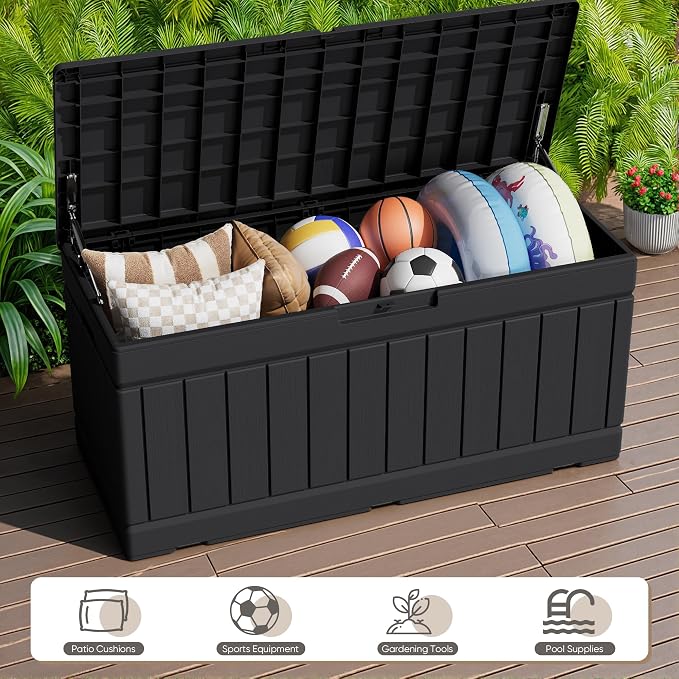 JUMMICO 78 Gallon Outdoor Deck Box Large Resin Storage Box for Patio Furniture Cushions and Garden Tools (Black)