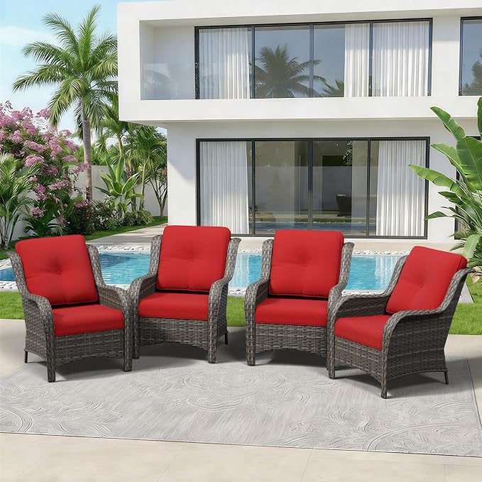 4 Piece Outdoor Wicker Patio Furniture Set, Patio Chairs Set of 4 with Thickened Olefin Cushions, High Back and Deep Seating, Hand-Woven PE Rattan for Porch, Deck, Red