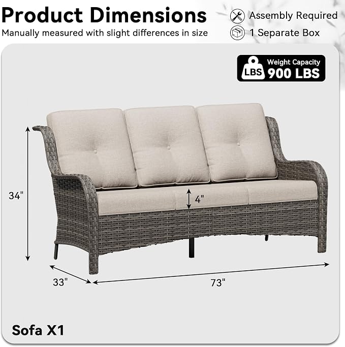 3 Seat Outdoor Couch, Wicker Patio Sofa with Thickened Olefin Cushions, High Back and Deep Seating, Hand-Woven PE Rattan for Porch, Deck, Balcony