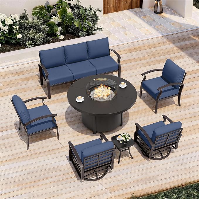 ALAULM Aluminum Patio Furniture Set with Coffee Table Rectangular, 5-seat Outdoor Sectional Furniture w/2 Swivel Chairs, Patio Conversation Set for Porch, Backyard, Poolside-Grey