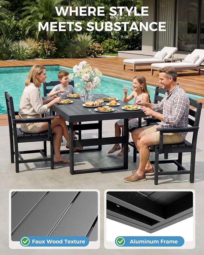 K Knowbody 5-Piece Outdoor Patio Dining Table and Chairs Set, Seats 4 | Steel-Reinforced HDPE, 100 lb/sq ft Load Capacity, 2-Inch Umbrella-Ready Tables, All-Weather, Fade-Resistant, Charcoal Black
