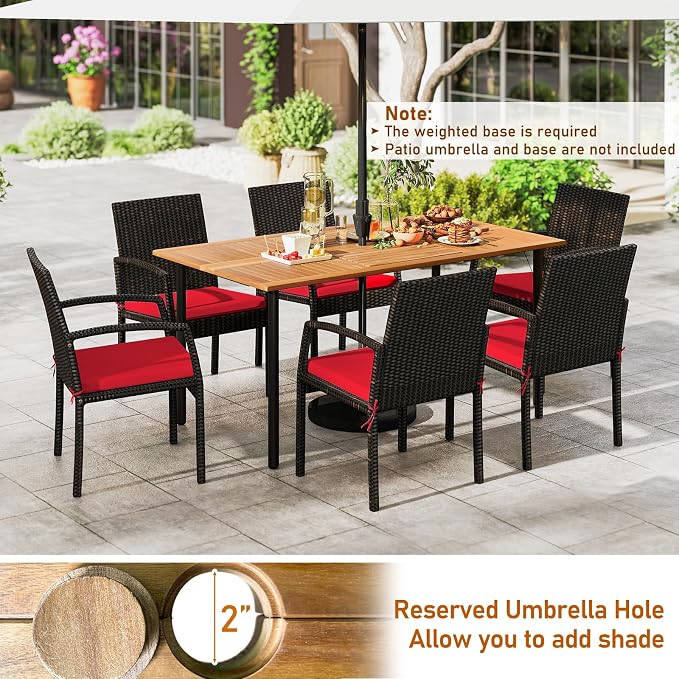 Tangkula 7 Pieces Outdoor Dining Set, Patio Acacia Wood Table and PE Rattan Chairs with Soft Cushions and 2” Umbrella Hole for Deck, Garden and Backyard
