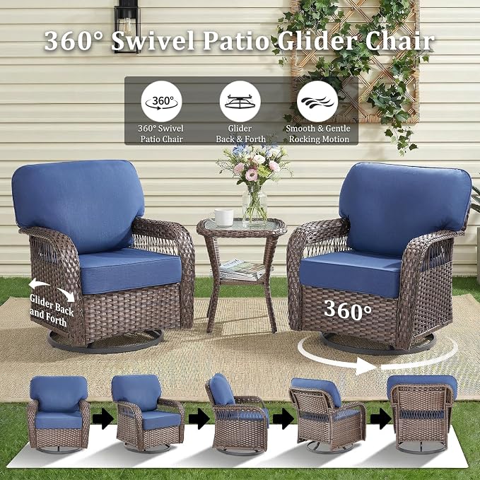 9 PCS Patio Furniture Set Outdoor Sectional Sofa Couch with High Back Rocking Swivel Chairs 5" Deep Seat Chairs, Modern Wicker Rattan Conversation Set, Blue/Brown Wicker