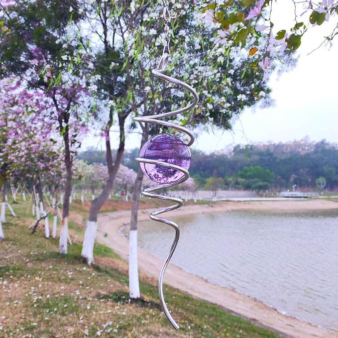 Fonmy Purple Gazing Ball Spiral Tail Wind Spinner Stabilizer with Swivel Hook 11inch Stainless Steel Tail and 2 inch Purple Glass Orb. Indoor Outdoor Garden Decoration Hanging Ornaments
