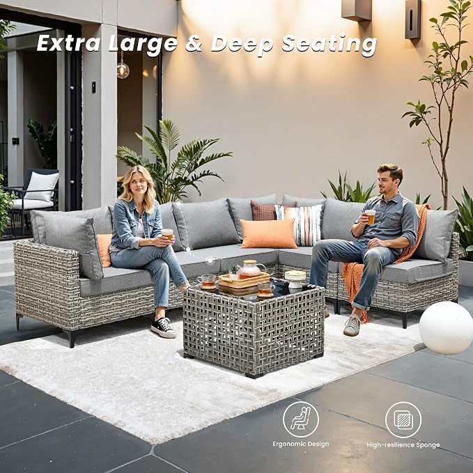 Outdoor Patio Furniture Sets,5 PCS Patio Conversation Set Outside Rattan Sectional Sofa with Coffee Table Fit Backyard Porch Garden Poolside Balcony