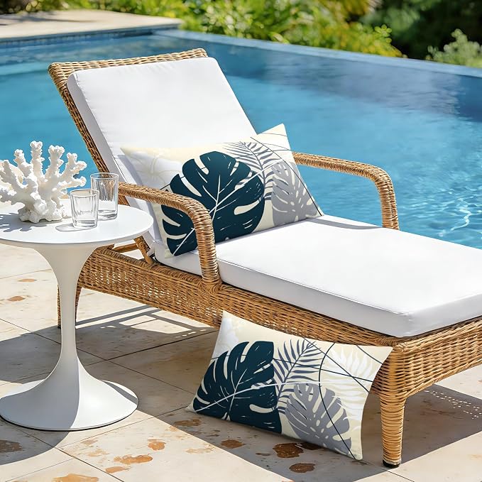 OTOSTAR Outdoor Waterproof Throw Pillow Covers 16x24 Inch Set of 2 Double-Sided Dark Blue Grey Tropical Leaf and Flower Spring Summer Decorative Pillow Cases for Patio Funiture Garden Balcony Couch