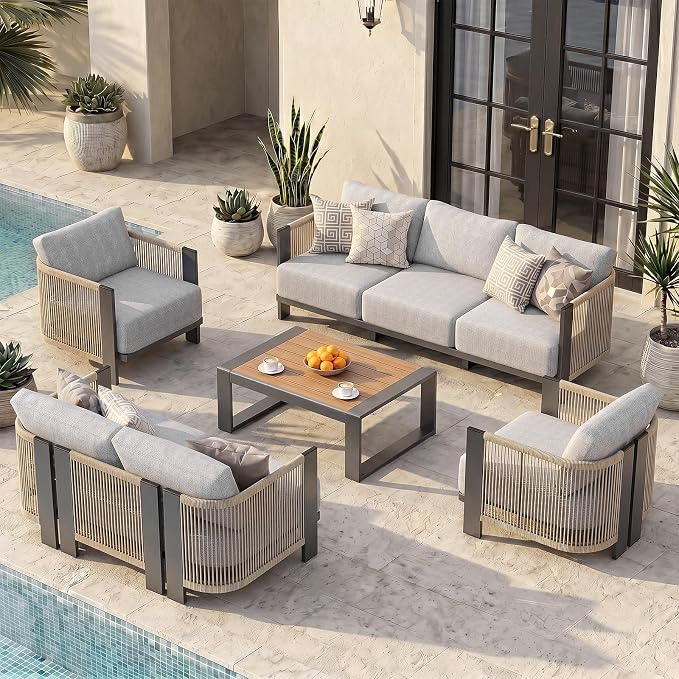 Vexwalx Luxury Patio Furniture Set, 5-Piece Curved Outdoor Furnitrue Set with Weather-Resistant Aluminum Frame and 7.1" Thicker Cushion, Woven Rope Patio Conversation Set for Deck, Garden