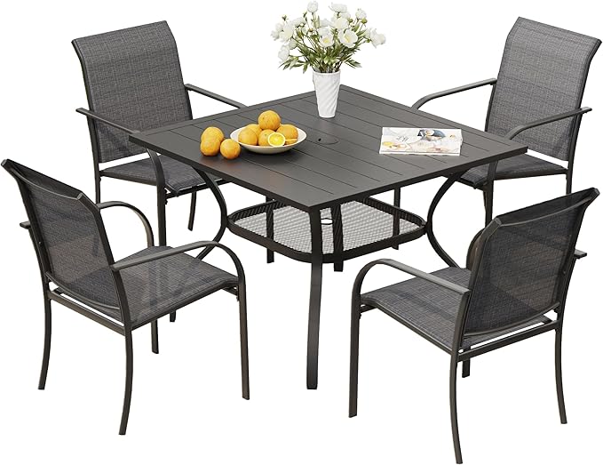 VICLLAX Outdoor Dining Set for 4, Patio Furniture Set of 4 Patio Stackable Dining Chairs and Outdoor Metal Square Table with Umbrella Hole for Backyard Lawn Garden, Dark Grey Chairs and Black Table