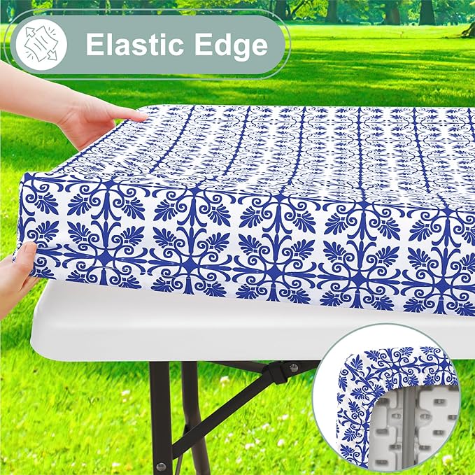 misaya Picnic Table Cover with Bench Cover, Waterproof Elastic Fitted Tablecloth for 6 Foot Tables, Rectangle Washable Polyester Tablecloths for Picnic, Camping, Outdoor (Blue, 30" x 72")