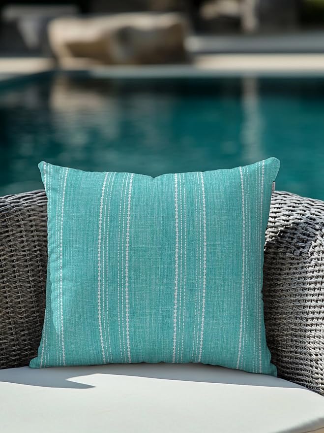 Waterproof Outdoor Pillow 1 Pack Aqua Linen Stripes Decorative Throw Pillows Cover & Insert 16x16 Inch Pillowcase Parallel Vertical Lines Pillows for Couch Sofa Bed Patio Furniture Indoor Outdoor