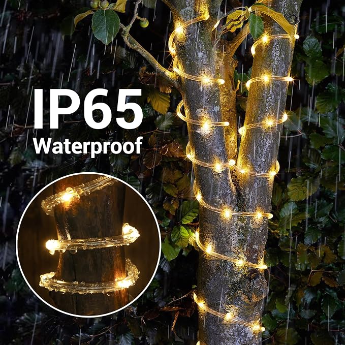 Solar Rope Lights, 33ft 100LED Solar String Lights, 8 Modes Waterproof Solar Outdoor Light, Flexible Clear Trampoline Light for Garden Backyard Patio Deck Porch, Pool Tree Decoration - Warm White