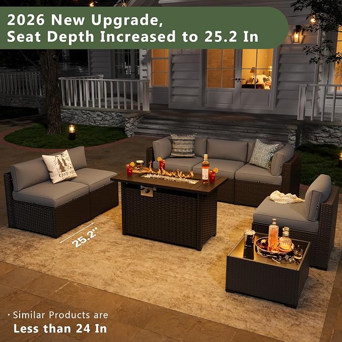 Aoxun 8 Piece Patio Furniture Set with 44" Fire Pit Table Wicker Rattan Sectional Sofa Outdoor Seating with Thickened Cushion, Grey