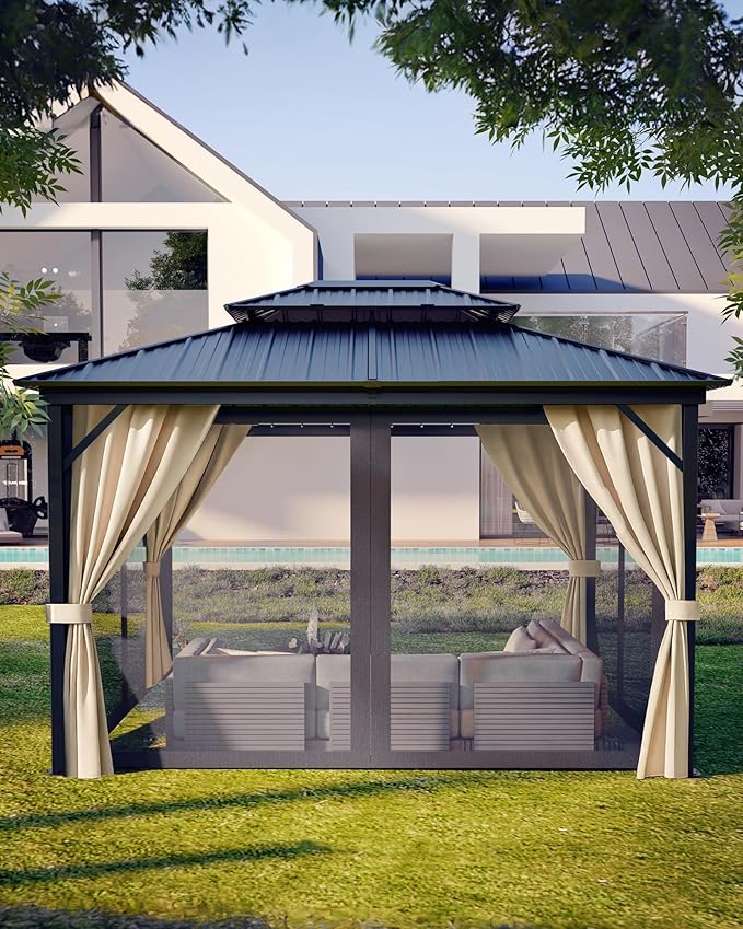 12'X14' Hardtop Gazebo with Double Steel Roof & Reinforced Aluminum Frame, Curtains & Mosquito Netting, Outdoor Permanent Pavilion for Patio, Backyard, Deck, Lawn, Garden, Khaki