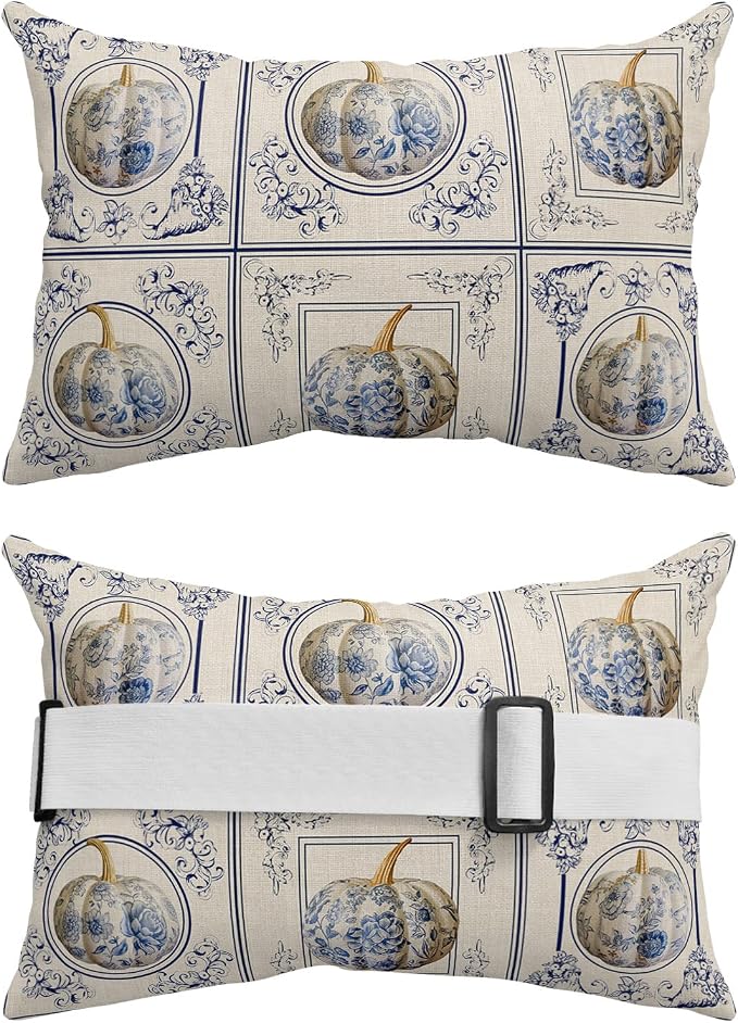 Outdoor Pillows Covers with Inserts Thanksgiving Blue and White Porcelain Pumpkin Beige Waterproof Pillow with Adjustable Strap Throw Pillows for Patio Furniture Recliner Lounge Chair, 12" x 20", 2PCS