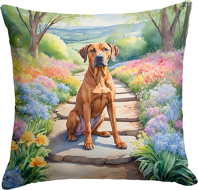 Caroline's Treasures Rhodesian Ridgeback Spring Path Throw Pillow Machine Washable, Indoor Outdoor Decorative Pillow for Couch, Bed or Patio, 18Hx18W