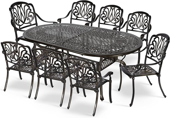 MEETWARM 9-Piece Outdoor Patio Dining Set, 8 Outdoor Dining Chairs and 1 Oval Table with 2" Umbrella Hole, All Weather Cast Aluminum Patio Funiture Set for Backyard, Patio, Garden