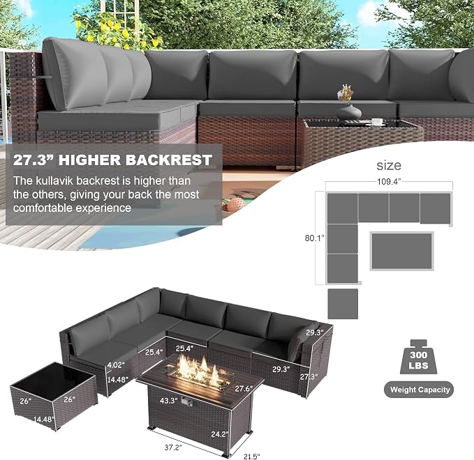Kullavik 8 Pieces Outdoor Patio Furniture Set,Sectional Sofa Set with 43" 55000 BTU Gas Propane Fire Pit Table,Brown PE Rattan Wicker Patio Conversation Set,Grey