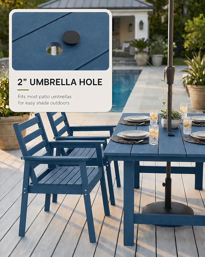 7 Piece HDPE Outdoor Dining Set for 6, Patio Dining Furniture Set with 2” Umbrella Hole, Weather Resistant Outdoor Table and Chairs for Garden, Poolside, Backyard, Deck