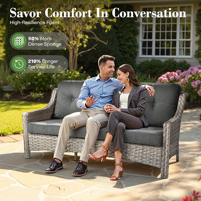 ovios 6 Piece Outdoor Patio Furniture with 3 Seat Sofa,Rattan Wicker Coversation Set with High Back,Sectional Single Sofa with Ottoman for Outside Porch Balcony Backyard Pool, Black